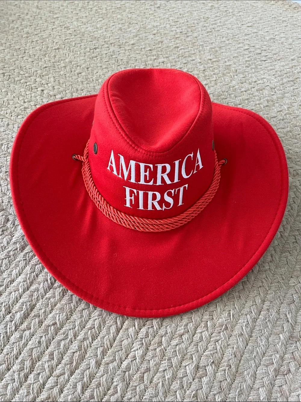 Red Cowboy Hat with Embroidered 'America First' Logo